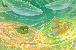 Pepe stylisée et Shiba Inu émergeant d'un champ d'énergie teal et vert lime lumineux, silhouettes de baleines translucides élégantes se dissolvant en flux de particules néon raffinés, dégradé lumineux magenta et vert électrique sophistiqué, halos dorés subtils, esthétique fintech hypersaturée et soignée, anneaux d'onde de choc nets rayonnant avec précision, constellation de particules crypto scintillantes