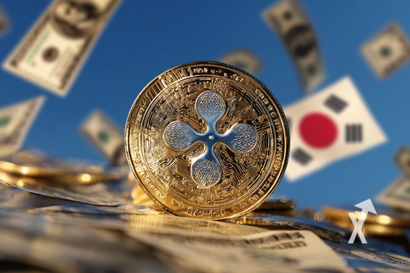 coin xrp sur fond bleu avec billets dollars et drapeau coréen en fond