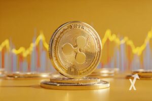 coin xrp sur un fond jaune avec trendline jaune derrière
