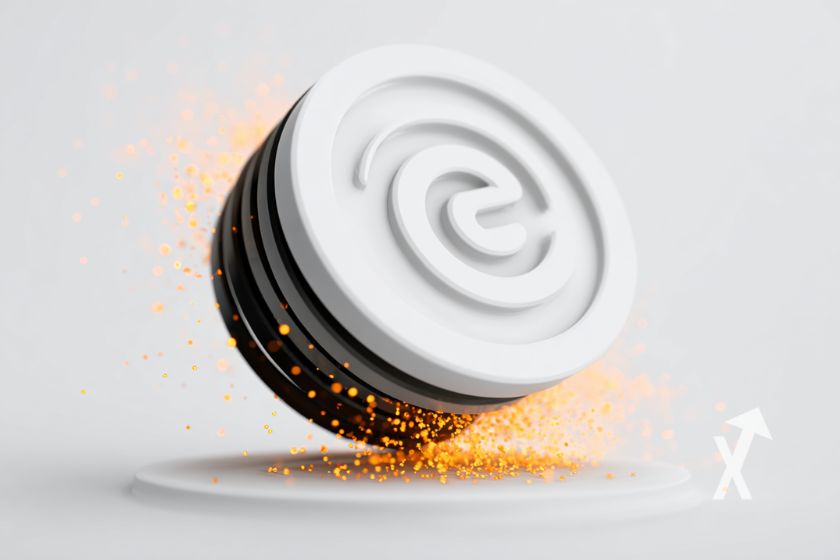 Ondo coin blanc sur un fond blanc avec étincelles orange