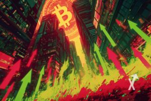 Bitcoin coin en rouge dans le ciel avec ees fleches bougies vertes et rouges