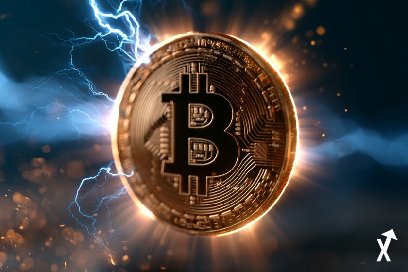 Bitcoin majestueuse forgée en or liquide flottant dans un champ d'énergie bleu électrique intense, halos de lumière dorée rayonnant vers l'extérieur, arcs de voltage cobalt électrique et bleu royal crépitant autour de la pièce, surface métallique ultra-détaillée reflétant la lumière électrique, flux de particules dynamiques en or et bleu électrique, profondeur de champ cinématique