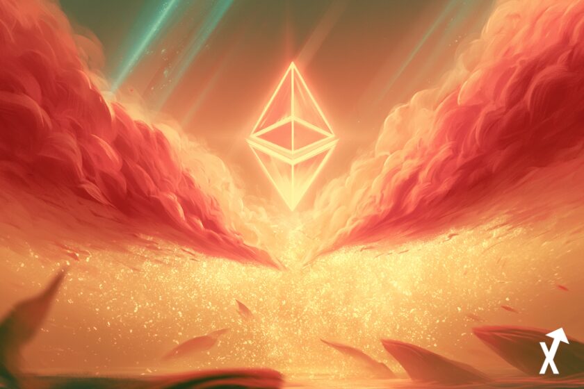 Ethereum brillant émergeant d'une tempête corail rouge et jaune de volatilité de prix, silhouettes de baleines abstraites se dissolvant en particules dorées en dessous, atmosphère dégradé corail chaud et jaune avec rayons de lumière tea