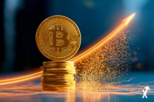 Bitcoins dorés s'élevant depuis un champ d'énergie bleu royal et orange, silhouette corporative abstraite MicroStrategy se dissolvant en particules lumineuses dorées, courbe de momentum ascendante puissante en orange chaud et or, atmosphère bleu royal électrique avec halos de lumière dorée, visuel dynamique d'accumulation institutionnelle, style éditorial fintech raffiné, sans fond sombre