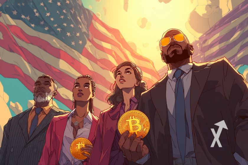 2 hommes et eux femmes avec drapeau des US en fond et un Bitcoin dans leur main