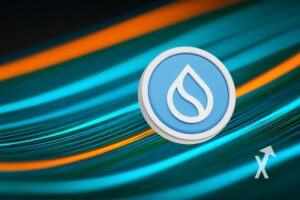 coin SUI sur un fond bleu avec lignes oranges et bleues