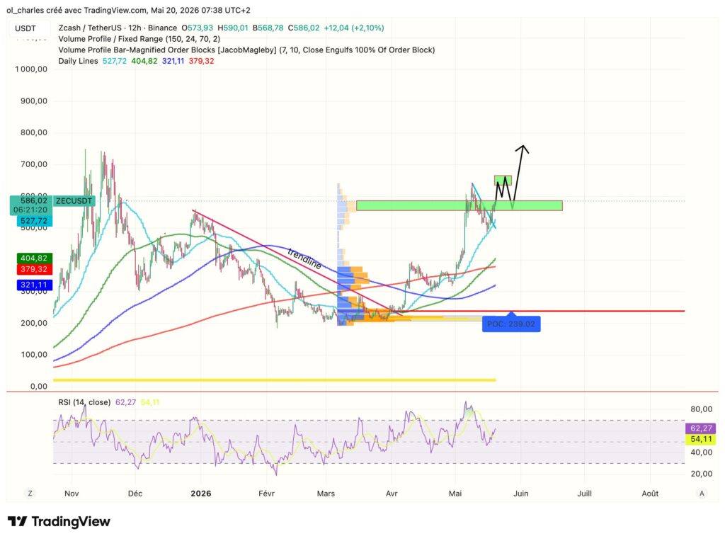 cours du ZEC en 12 heures avec moyennes mobiles , order block et rsi