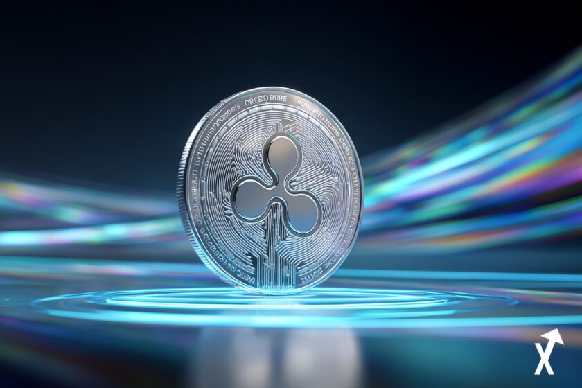 Token XRP argenté sur plateforme holographique bleue avec flux lumineux technologiques