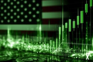 Illustration lumineuse vibrante, interface de trading de marché de prédiction brillante avec flux de lumière vert électrique et blanc, motif abstrait du drapeau américain se dissolvant en graphiques de données néon verts et patterns de chandeliers, symboles dollar dynamiques se transformant en flux de transactions blockchain, atmosphère dégradé vert électrique audacieux et blanc pur