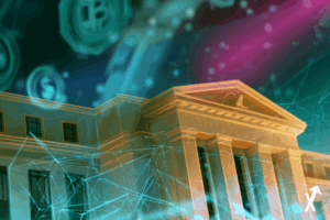 bâtiment de la Réserve Fédérale dorée fusionnant avec des nœuds de réseau blockchain teal et indigo brillants, symboles dollar et crypto abstraits se transformant en flux de paiements institutionnels, atmosphère dégradé teal et indigo doux