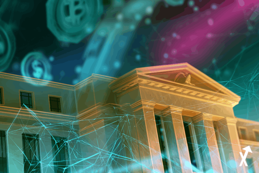 bâtiment de la Réserve Fédérale dorée fusionnant avec des nœuds de réseau blockchain teal et indigo brillants, symboles dollar et crypto abstraits se transformant en flux de paiements institutionnels, atmosphère dégradé teal et indigo doux