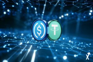 usdc et usdt coins, Univers blockchain futuriste, grille lumineuse bleue électrique et blanche s'étendant à l'infini, nœuds réseau hexagonaux géométriques brillants flottant dans une atmosphère bleue électrique nette, rayons de lumière blanche traversant des structures blockchain cristallines, architecture numérique