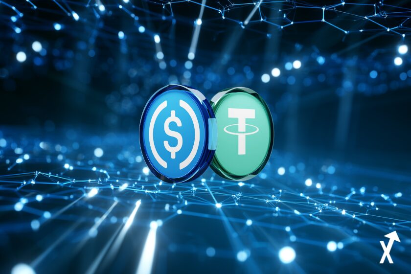 usdc et usdt coins, Univers blockchain futuriste, grille lumineuse bleue électrique et blanche s'étendant à l'infini, nœuds réseau hexagonaux géométriques brillants flottant dans une atmosphère bleue électrique nette, rayons de lumière blanche traversant des structures blockchain cristallines, architecture numérique