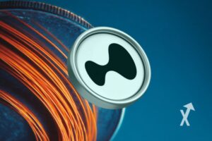 coin hyperliquid sur un fond bleu avec lignes oranges