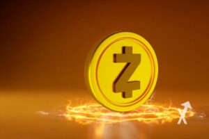 coin ZEC sur un fond orange avec électricité jaune en-dessous