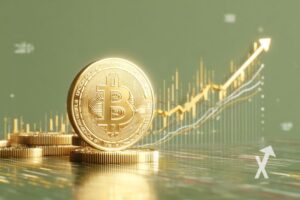 coin Bitocin sur un fond vert avec trendline jaune qui monte