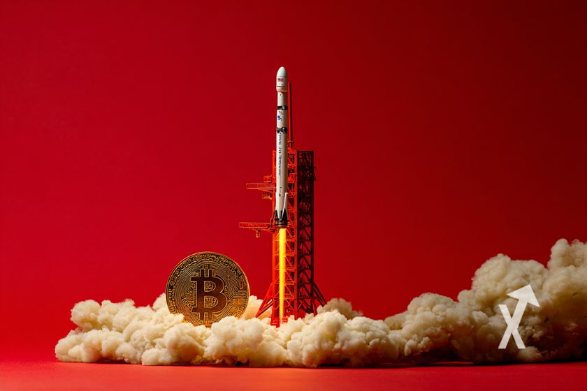 fusée spaceX qui décolle sur un fond rouge avec un Bitcoin à côté