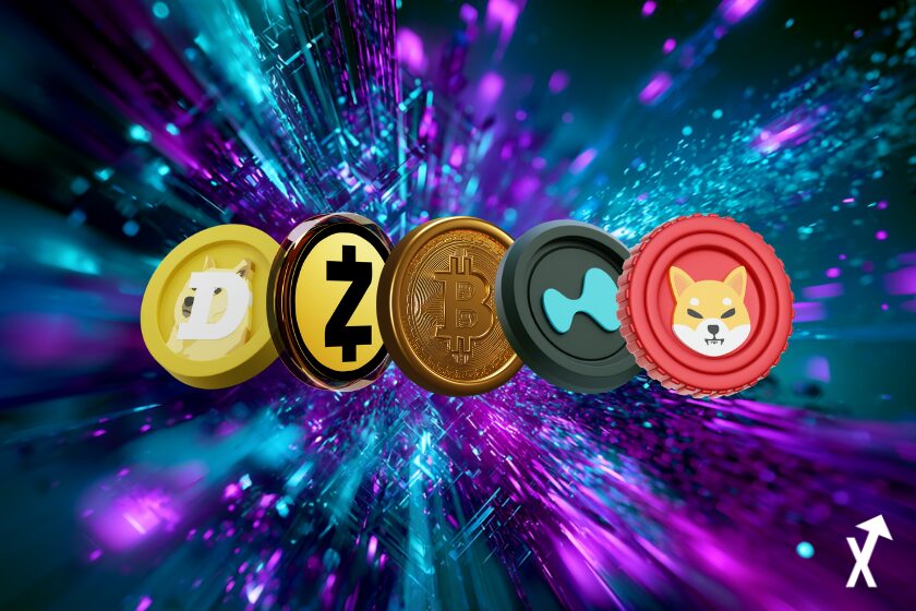 hype, shiba, dogecoin, bitcoin et zcash coins sur blockchain électrique lumineuse, nœuds d'énergie néon teal et magenta explosifs éclatant à travers des lignes géométriques de réseau interconnectées, atmosphère dégradé indigo