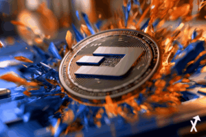 pièce DASH émergeant victorieuse du centre comme une explosion de supernova, murs de résistance en or fondu s'effritant en poussière lumineuse, profondeur de champ guidant l'œil à travers des couches d'architecture crypto brillante, esthétique sci-fi financière cinématique, rayons de soleil orange chauds perçant des plans géométriques bleu électrique