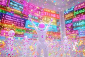 bot qui lève les bras devant un panneau de trading avec des nombres et écritures en couleur flashy