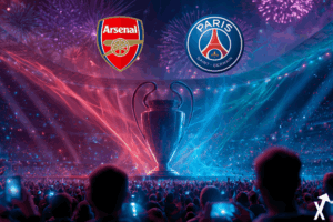 psg arsenal finale de Ligue des Champions, trophée doré de Ligue des Champions brillant au centre entouré des couleurs rouge d'Arsenal et bleu du Paris Saint-Germain, silhouettes abstraites de supporters en premier plan tenant des smartphones lumineux pour parier, feux d'artifice dorés spectaculaires et étincelles électriques explosant dans le ciel du stade, lumières dramatiques de stade en rouge bleu et or, confettis tombant en couleurs des équipes, atmosphère sportive cinématique, couleurs vibrantes et saturées, sans fond sombre plat