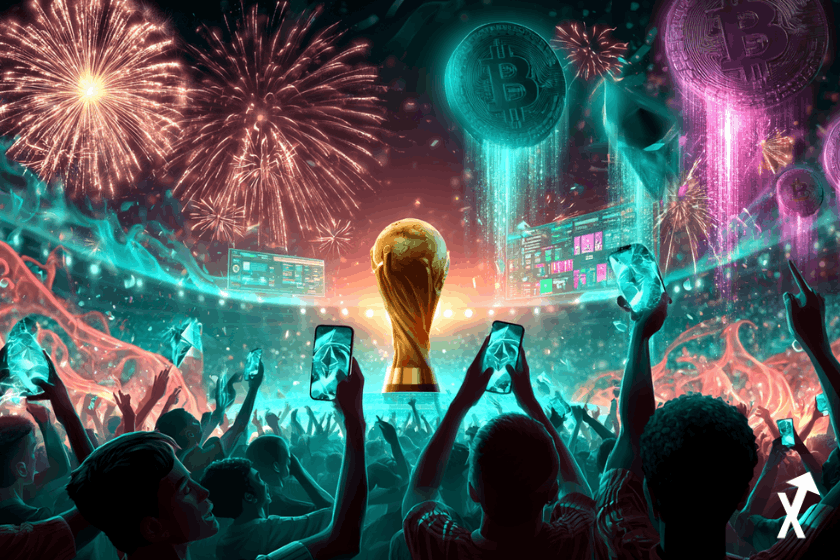 Coupe du Monde FIFA 2026 dans un stade, silhouettes de joueurs de football tenant des smartphones lumineux affichant les logos Bitcoin et Ethereum, trophée doré de la Coupe du Monde rayonnant une lumière chaude au centre, feux d'artifice or rosé et turquoise explosifs éclatant dans un ciel électrique, symboles de pièces Bitcoin BTC et Ethereum ETH flottants se dissolvant en flux lumineux, vagues d'énergie corail et teal vibrantes dans la foule, interface holographique de marché de prédiction brillant au-dessus du terrain