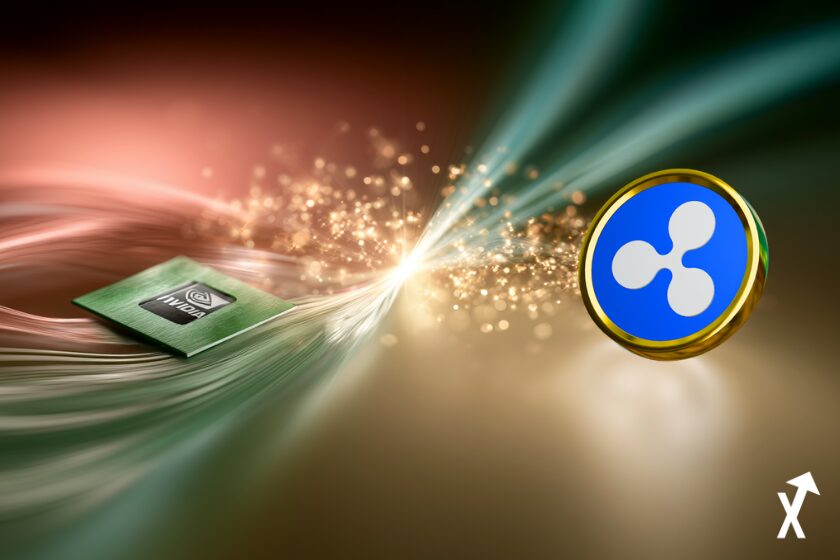 NVIDIA se dissolvant en flux de capitaux se redirigeant vers une pièce XRP argentée brillante à droite, rotation abstraite de particules lumineuses dorées du secteur tech vers la crypto, atmosphère dégradé corail chaud et jaune avec faisceaux accent teal