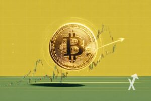 bitcoin coin sur un fond jaune et vert avec trendline
