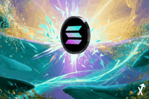 Solana violette et violet brillante jaillissant vers le haut à travers un mur de résistance teal lumineux se dissolvant en éclats de lumière vive, silhouettes de baleines massives se transformant en flux de particules or et teal en cascade, courbes de momentum ascendant explosives
