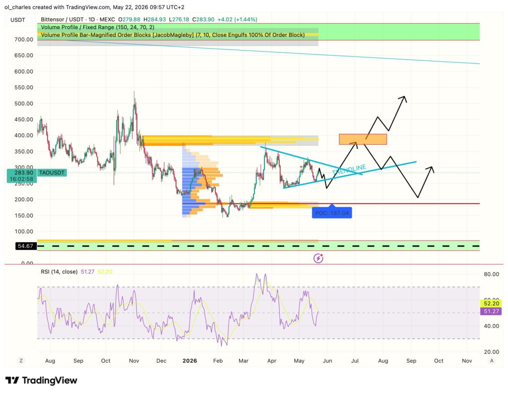 cours du TAO en 1 jour avec order block, vpfr et RSI