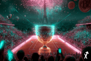 Roland Garros 2026, trophée doré brillant au centre d'un court en terre battue, silhouettes abstraites de Jannik Sinner et Aryna Sabalenka en flux lumineux or rosé et turquoise, supporters en premier plan