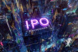 IPO en rose néon sur une ville numérique