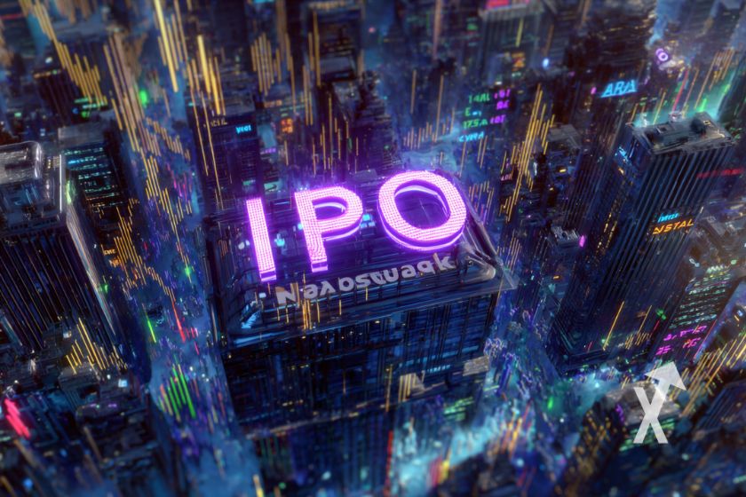 IPO en rose néon sur une ville numérique
