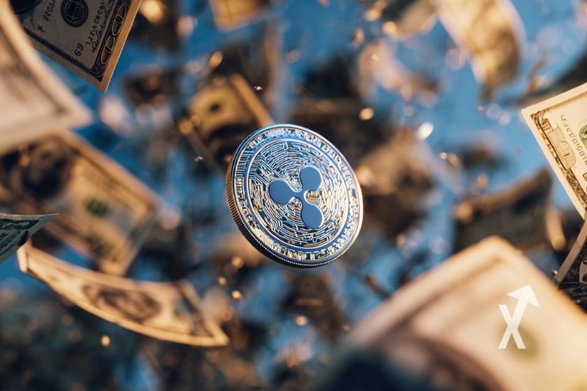 xrp coin sur un fond bleu avec des billets dollars