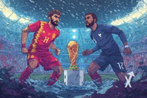 Joueur d'espagne face à un joueur de la frnace avec la coupe du monde au milieu sur un fond de stade bleu