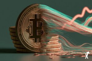 Bitcoins dorés avec silhouette corporative abstraite MicroStrategy se dissolvant partiellement en flux de capitaux, tension dynamique entre détention et vente rendue en énergie or rosé et turquoise vibrante, courbes de prix ascendantes et descendantes s'entrelançant en lumière turquoise chaude, visuel de trading institutionnel sophistiqué,