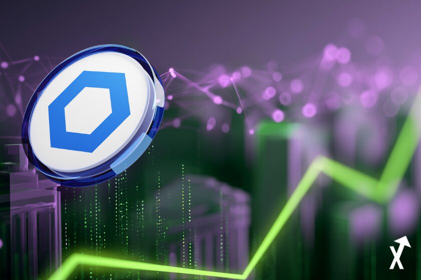 Chainlink brillant connecté à une silhouette bancaire SWIFT abstraite et des nœuds de réseau blockchain par des flux de données violet et vert lime, visuel d'adoption institutionnelle avec architecture financière professionnelle se dissolvant en particules lumineuses crypto