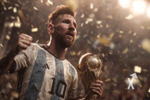 Lionel messi sur un fond jaune avec des confettis et la coupe du monde dans ses mains