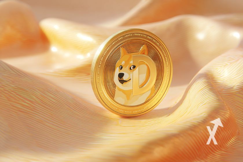 coin dogecoin sur un fond de tissu ondulé couleur désert