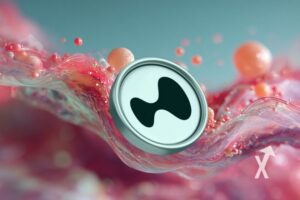 coin hyperliquid HYPE sur un fond bleu avec des bulles roses