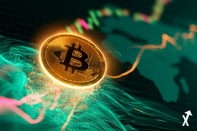 Illustration financière lumineuse, pièce Bitcoin brillante s'élevant de manière explosive depuis des vagues d'énergie vert émeraude et fuchsia, poignée de main abstraite d'accord de paix se dissolvant en trajectoires de graphiques de prix ascendants en émeraude vif et or, tension géopolitique se libérant en momentum financier lumineux, silhouette du Moyen-Orient