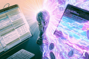 Illustration financière lumineuse divisée, interface bookmaker traditionnelle s'estompant à gauche en couleurs ternes versus interface vibrante Polymarket blockchain brillant en ultra-violet et blanc pur argent électrique à droite