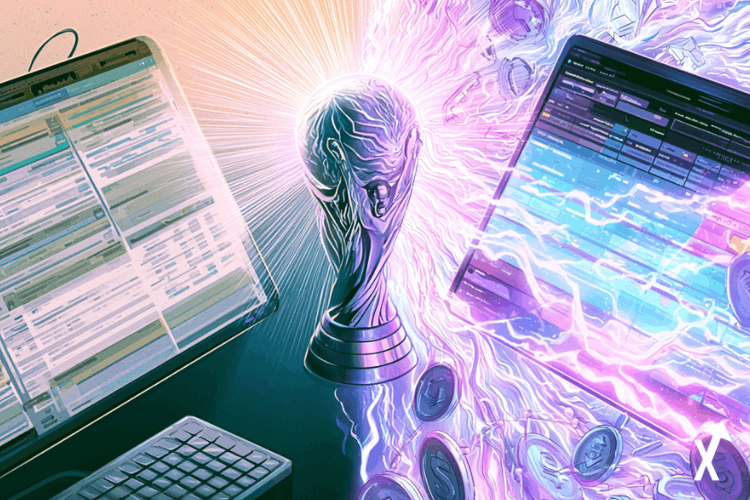 Illustration financière lumineuse divisée, interface bookmaker traditionnelle s'estompant à gauche en couleurs ternes versus interface vibrante Polymarket blockchain brillant en ultra-violet et blanc pur argent électrique à droite