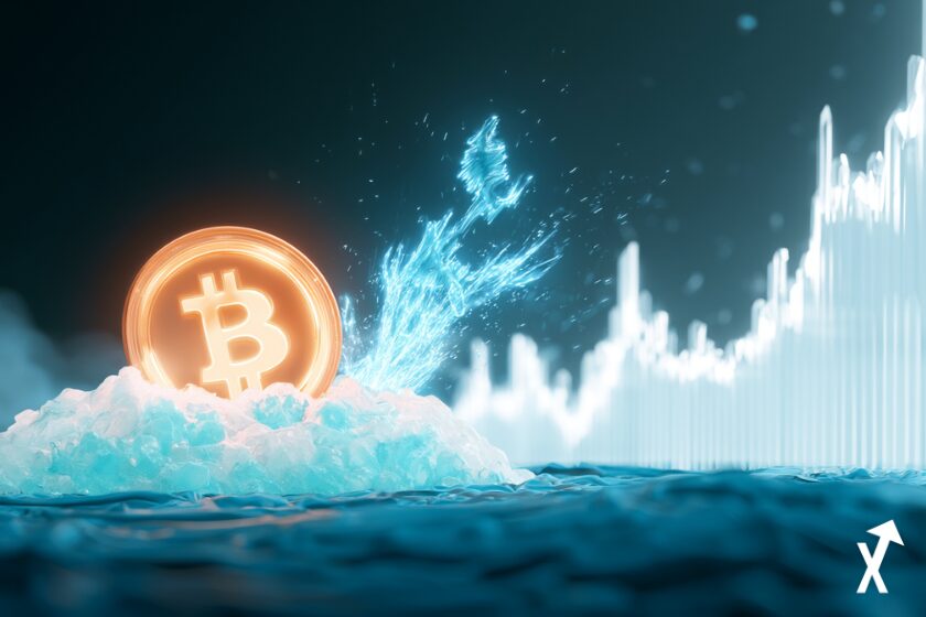 Bitcoin brillante s'élevant depuis une zone de compression cyan glacé et blanc cristal, symbole token ONDO abstrait jaillissant vers le haut en lumière bleue électrique à côté, visuel de double breakout momentum avec graphique de prix cristallin ascendant perçant des barrières de lumière blanche, accumulation institutionnelle rendue comme énergie bleue