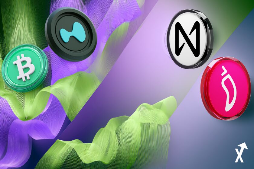 NEAR Protocol et Hyperliquid s'élevant de manière explosive vers le haut en flux d'énergie violet vibrant et vert lime argent à gauche, pièces Bitcoin Cash et Chiliz déclinant doucement à droite en tons argent plus doux, visuel de rotation de marché dynamique