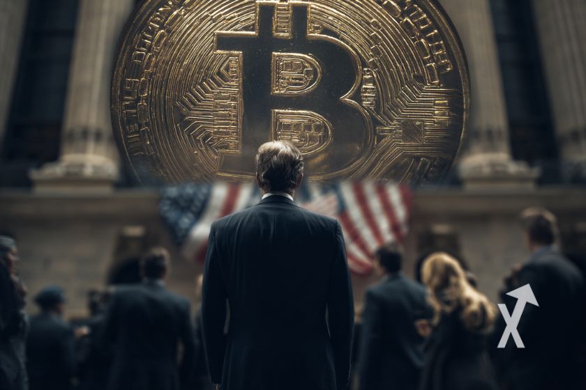 Hommes en costards de dos devant u coin Bitcoin géant