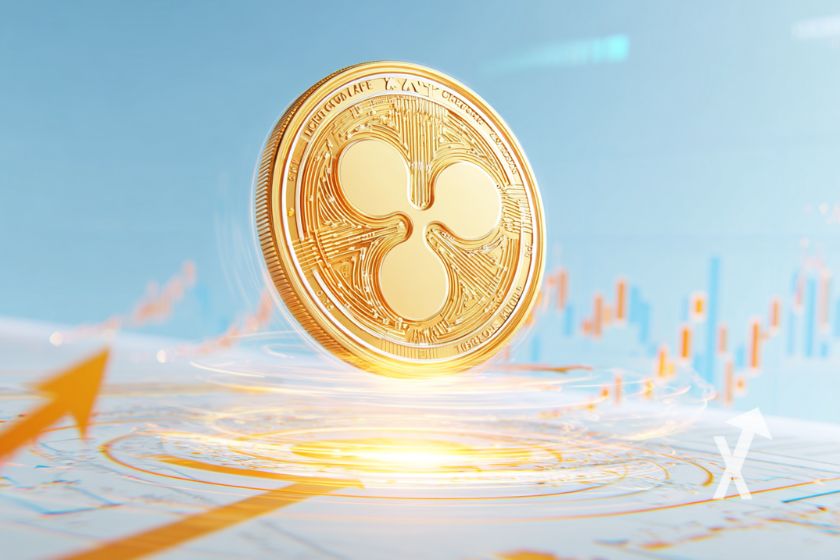 coin xrp sur un fond bleu et blanc avec flèches oranges