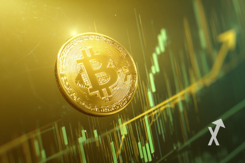 coin Bitcoin sur un fond vert avec trendline jaune avec bougies vertes