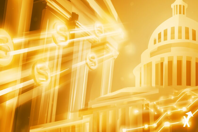 symboles stablecoin brillants bloqués par des murs abstraits d'institution bancaire dorés, flux de lumière ambre et safran chauds tentant de percer les barrières législatives, silhouette du Capitole américain se dissolvant en nœuds blockchain en tons crème chauds