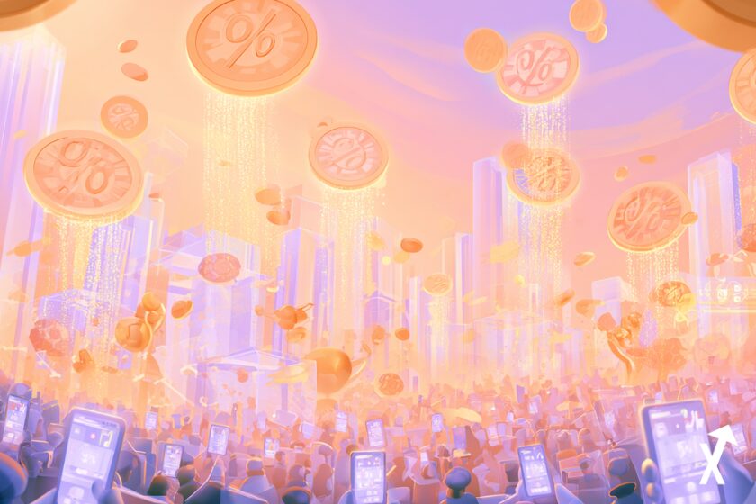 Univers de marché de prédiction radieux, cadrans de probabilité en pourcentage brillants flottant dans une lumière pêche et lavande vive, foule abstraite de traders tenant des smartphones lumineux avec des cotes se mettant à jour en temps réel, flux de pièces USDC montant à travers une architecture blockchain cristalline, trophée doré et symboles sportifs se dissolvant en particules de données financières